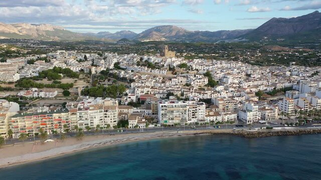 Aerial panoramic view of coastal Altea city and church of Virgin of Consol, Alicante, Spain