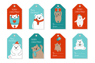 Christmas tag set, cartoon polar and brown bear. Hand drawn paper label, cute vector bears with red hat, gift. New Year animal mammals. Cards xmas, funny animals winter celebrate