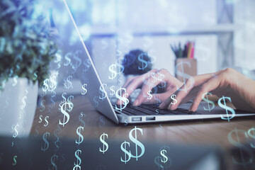 Double exposure of woman hands typing on computer and forex chart hologram drawing. Stock market...