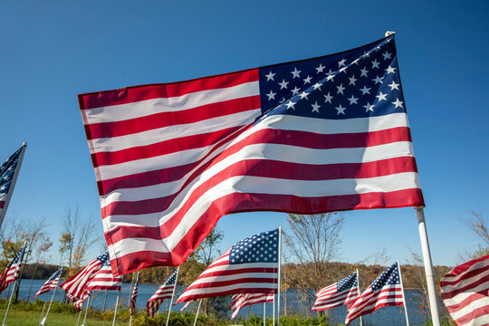Flags of the United States wave in the wind in a park in Putnam County, New York.