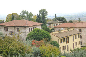 Fototapeta na wymiar Some roofs surrounded with green trees. Assisi, Italy