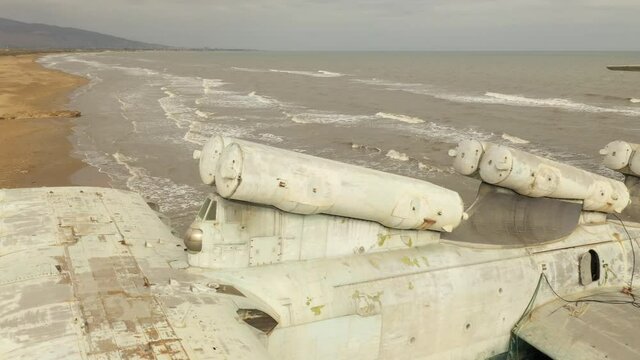 Lun-class ekranoplan, a formerly top-secret Soviet naval vessel. Giant flying ship on the coast of the Caspian Sea. Russia, Dagestan.