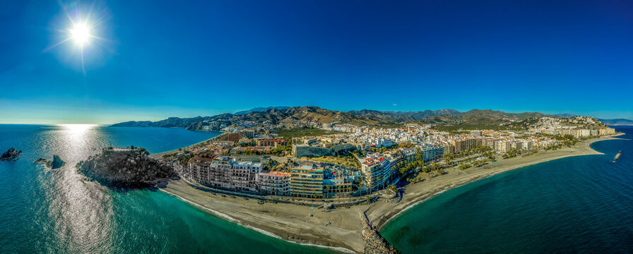 Aerial view of  is a centuries-old Arab fort San Miguel Castle. The Rocks of San Cristobal extends to sea. Almunecar on Spain's south coast, known for beaches like Velilla, San Cristobal and Del Mar