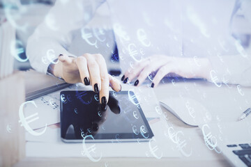 Double exposure of forex chart sketch hologram and woman holding and using a mobile device. Financial market concept.