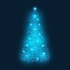Blue magic Christmas tree, shiny stars and lights on dark background, vector illustration.