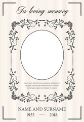 Funeral card vector template with oval frame for photo, condolence rose flowers, leaves flourishes, place for name, birth and death dates. Obituary memorial, funereal card, in loving memory typography - obrazy, fototapety, plakaty