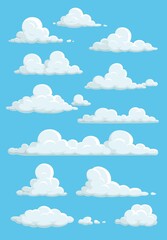 Cartoon clouds in blue sky. Vector white soft and fluffy spindrift or cumulus clouds flying on heaven background, weather and nature isolated design elements. Meteorology and climate themed icons set