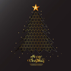 Calligraphic "Merry Christmas" Lettering Decorated with Gold Stars. Christmas Greeting Card .