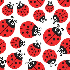 Ladybug pattern, vector seamless wrapping paper or cute baby design. Ladybird decorative fabric with funny insects on white background. Cartoon kids wallpaper, textile ornament repeat ladybug texture © Vector Tradition