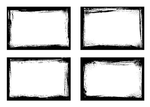 Grunge frames isolated vector black borders of rectangular shape with scratched rough edges on white background. Grungy old texture, dirty spatter vignettes, retro design elements or photo frames set