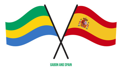 Gabon and Spain Flags Crossed And Waving Flat Style. Official Proportion. Correct Colors.