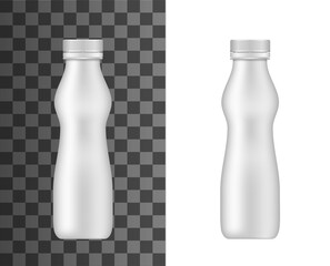 Plastic bottle vector mockup, realistic closed curvy flask with lid for yogurt, milk, juice or dairy liquid production isolated on transparent background. Tube template for product, blank 3d design