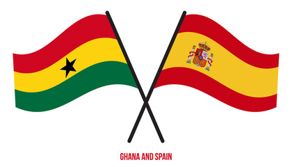 Ghana and Spain Flags Crossed And Waving Flat Style. Official Proportion. Correct Colors.