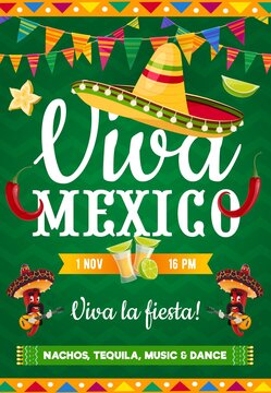 Viva Mexico vector poster with mexican symbols sombrero, jalapeno peppers musicians with mustaches and guitars. Cartoon flyer with flag garlands and tequila, invitation for live music party or holiday