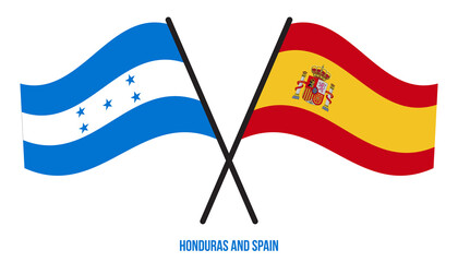 Honduras and Spain Flags Crossed And Waving Flat Style. Official Proportion. Correct Colors.
