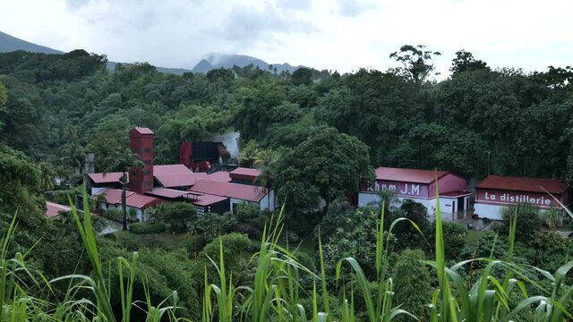 Famous distillery in Martinique countryside red roof sugar cane alcohol tropical vegetation