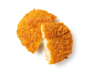 A cut croquette placed on a white background