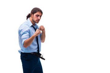 Young unhappy male employee isolated on white