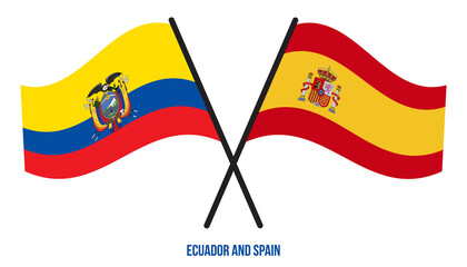 Ecuador and Spain Flags Crossed And Waving Flat Style. Official Proportion. Correct Colors.