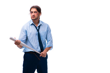 Young male employee holding baseball bat isolated on white