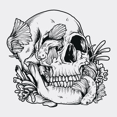 tattoo and t-shirt design black and white hand drawn skull and beta fish  premium vector