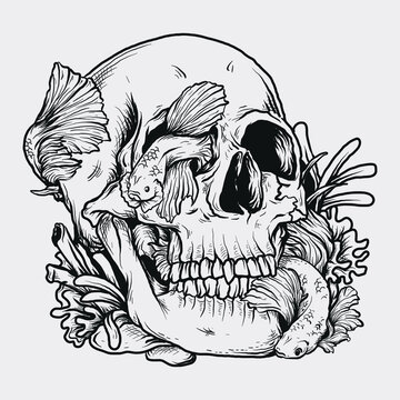 tattoo and t-shirt design black and white hand drawn skull and beta fish  premium vector