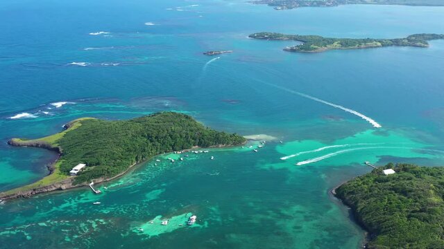 Aerial view over islets in Martinique little island with lagoon and beaches tropical vibes leisure boats 