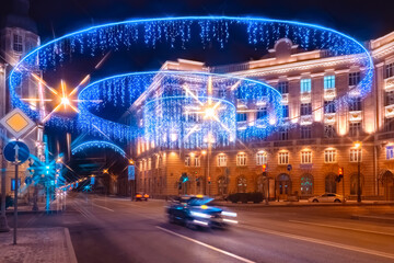Streets of Saint Petersburg. New Year's illumination in the city of Russia. Christmas garlands over the road. Christmas landscape of Saint Petersburg.