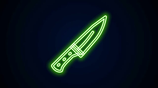 Glowing neon line Meat chopper icon isolated on black background. Butcher knife. Kitchen knife for meat. Butcher knife. 4K Video motion graphic animation.