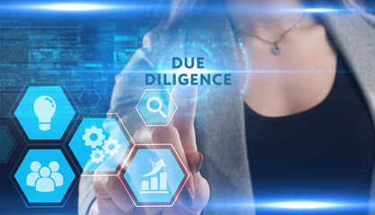 Business, Technology, Internet and network concept. Young businessman working on a virtual screen of the future and sees the inscription: Due diligence