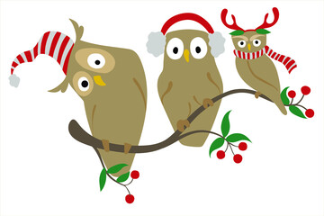 Cute Christmas owls are sitting on branch. Owl in santa hat, owl with deer horns. New Year's print for pajamas, textiles, fabrics.