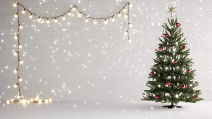 christmas tree and snow falling on brick white background - Powered by Adobe