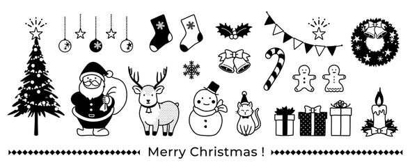 Collection of simple and cute Christmas illustrations (monochrome)