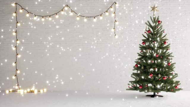 christmas tree and snow falling on brick white background