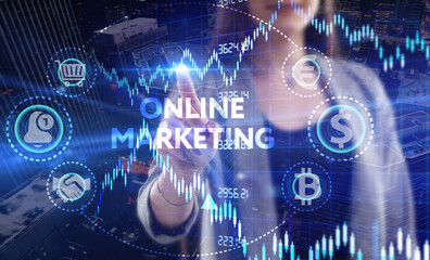 Business, Technology, Internet and network concept. Young businessman working on a virtual screen of the future and sees the inscription: Online marketing