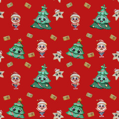 Christmas Seamless pattern. Cute New Year characters - Santa Claus, a festive tree and a New Year star in a hat with faces and eyes on a red background. Watercolor. For festive design and packaging