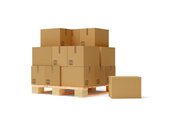 Fototapeta premium Heap of carton boxes on wooden pallet over white background, freight, cargo, delivery or storage concept