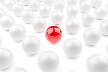 Single red sphere in the middle of group of white spheres over white background, team, leadership or individuality concept