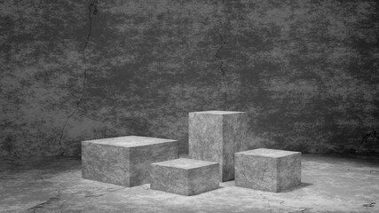 Concrete cube stands on gray wall background. Abstract minimal scene to show product on rough stone podiums. 3d render