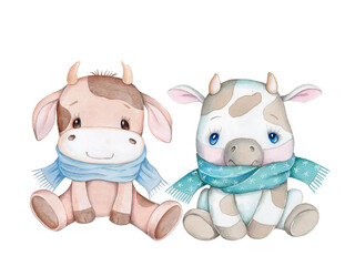 Cute cartoon cow, bull, calf - symbol of Ner Year 2021, illustration, icon. Isolated on white background.