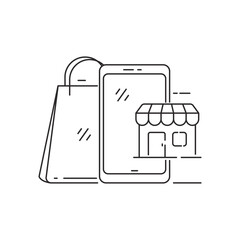 Smartphone, store and shopping bag vector illustration in line style suitable for online shopping concept. Linear style of online shopping icon 