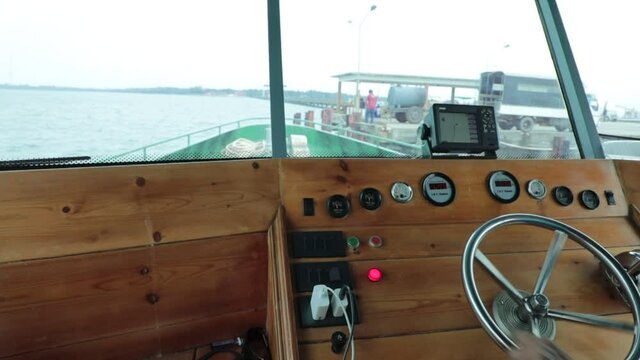 Captain controls the ship. Steering wheel of the ship