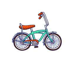 Bicycle, cartoon flat style, bike print for clothes, velocipede isolated vector illustration. Design for stickers, logo, web and mobile app.