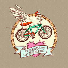 Flying bicycle, print for clothes, cartoon doodle style, isolated vector illustration. Design for stickers, logo, web and mobile app.