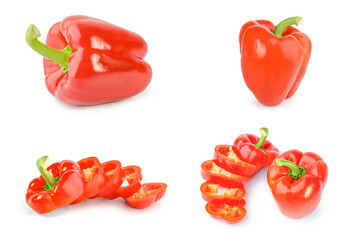 Collage of red sweet peppers on a white background cutout