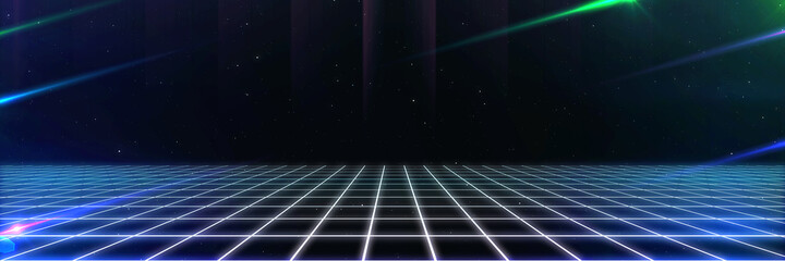 Retro cyberpunk style 80s Sci-Fi Background Futuristic with laser grid landscape. Digital cyber surface style of the 1980`s. 3D illustration. For banner