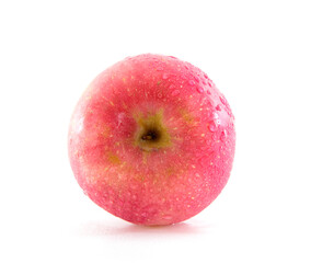 A red apple with water drops on white background
