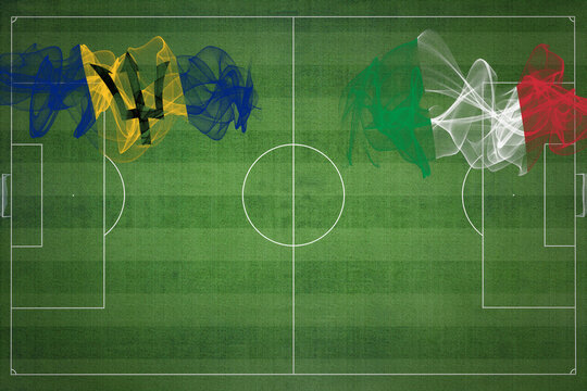 Barbados vs Italy Soccer Match, national colors, national flags, soccer field, football game, Copy space