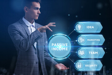 Business, Technology, Internet and network concept. Young businessman working on a virtual screen of the future and sees the inscription: Passive income