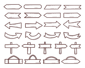 Set of wood sign and arrow hand drawing outline cartoon vector